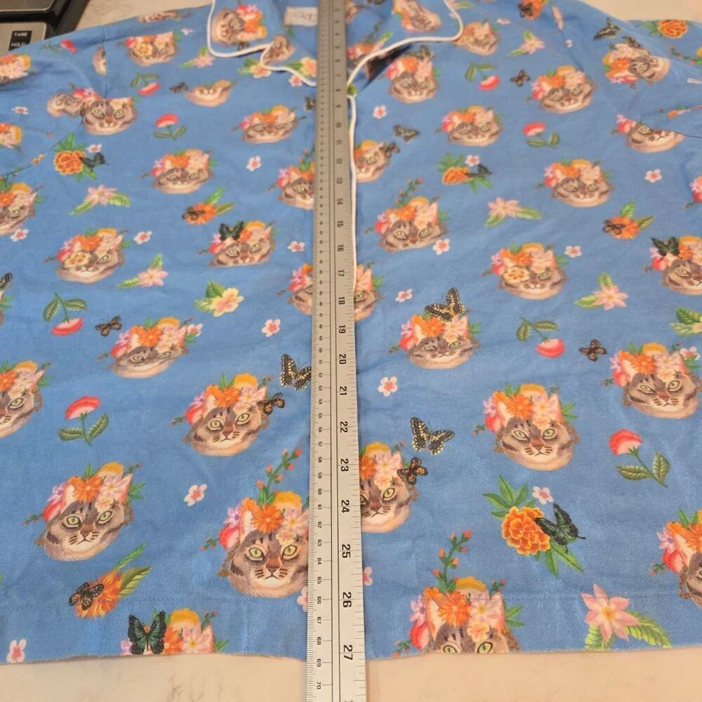 The‎ Cats Pajamas XL Flannel Pajama Top Frida-Inspired Cats Blue Peruvian Cotton